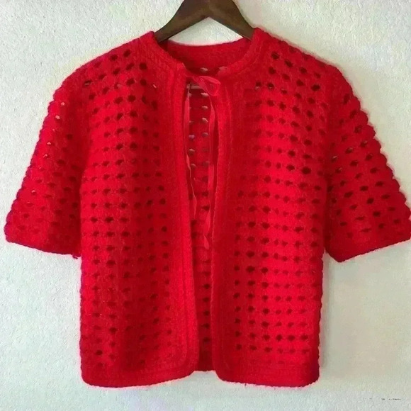 VTG Handmade Women’s M/L Cherry Red Hand Knit Crocheted Cardigan Bow Grannycore - Picture 1 of 9